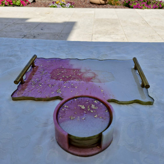 סט מגש ותחתיות לכוסות – ורוד לבן