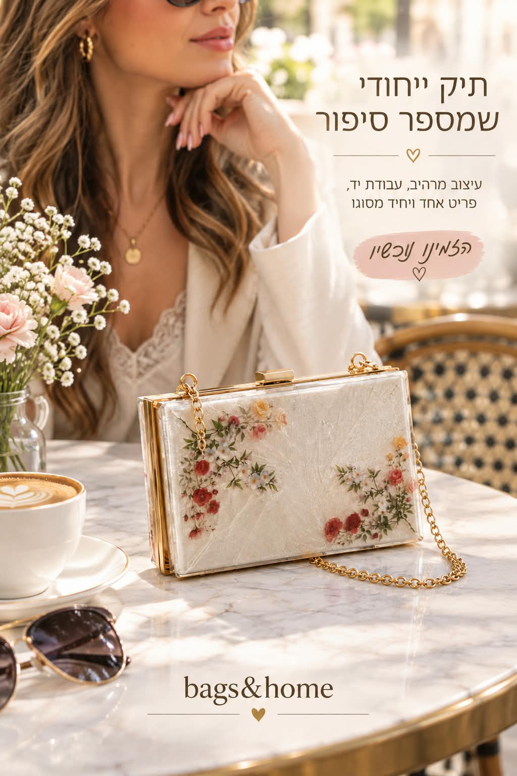תיק אקרילי ייחודי בעיצוב פרחוני – Rose & Gold 🌹✨