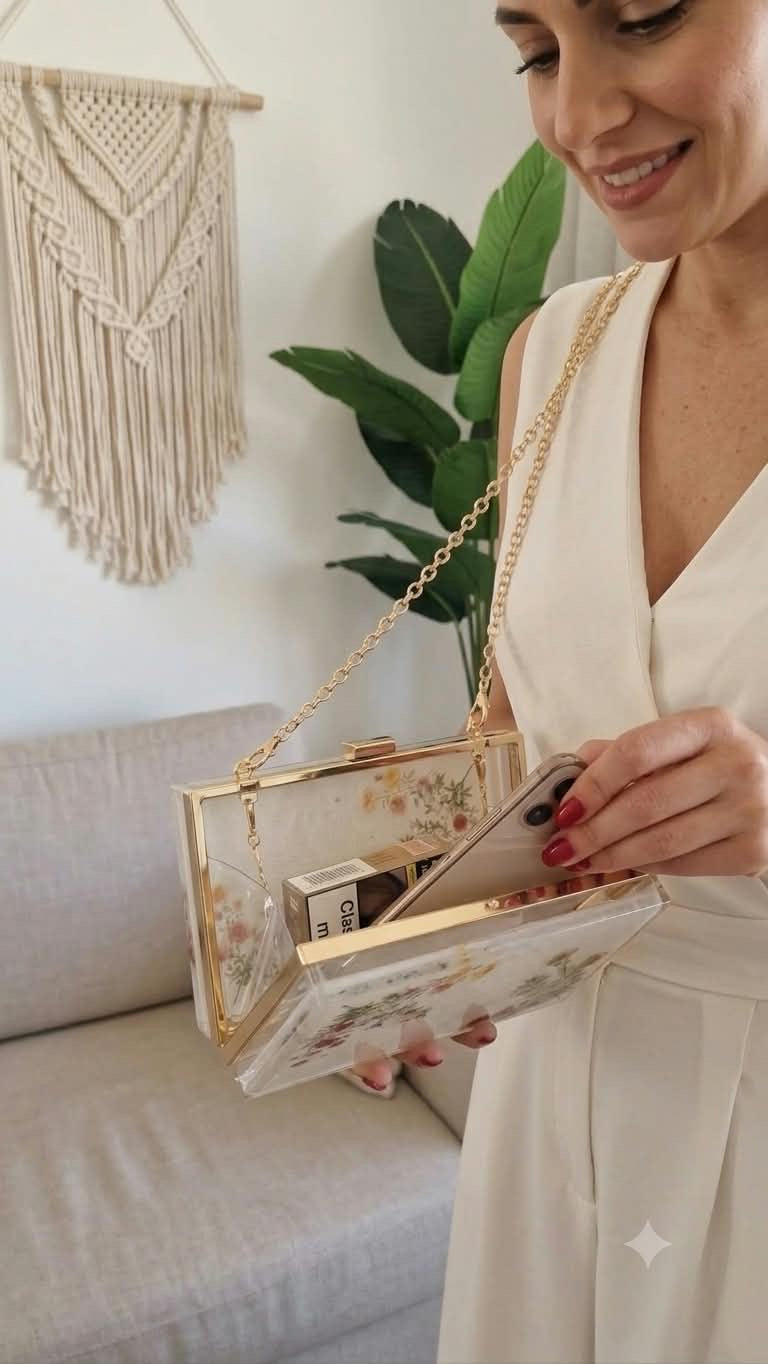 תיק אקרילי ייחודי בעיצוב פרחוני – Rose & Gold 🌹✨