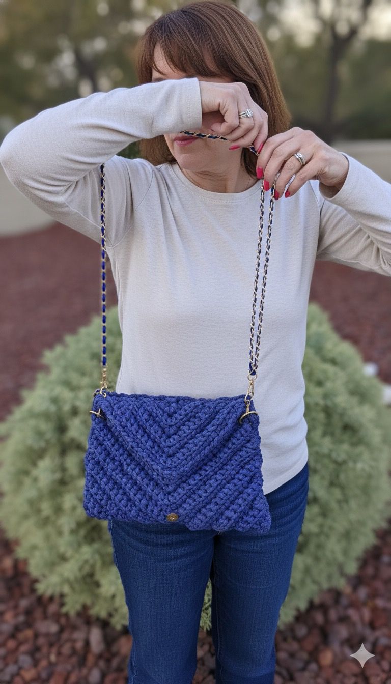 תיק מעטפה כחול סרוג בעבודת יד