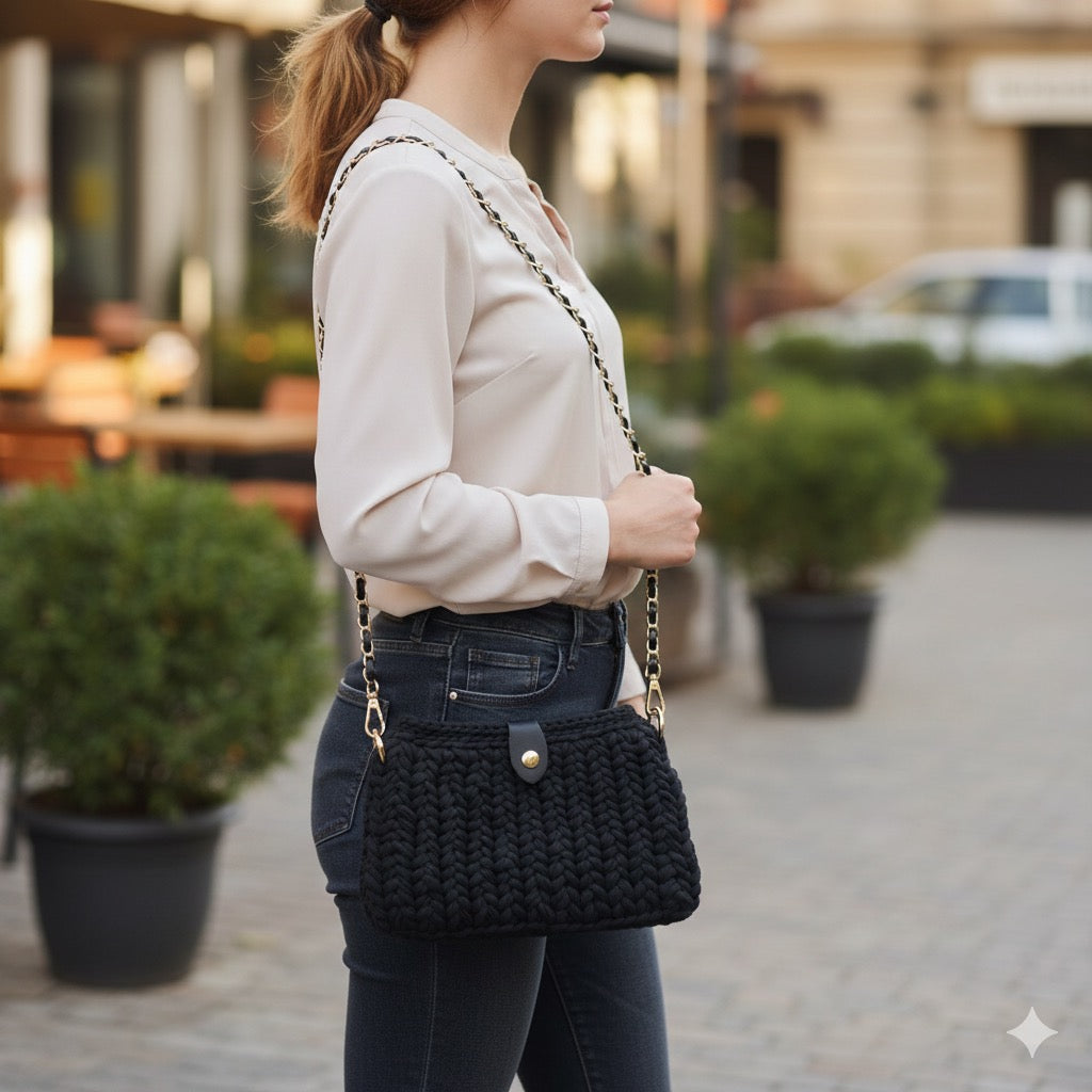 תיק ערב שחור סרוג בעבודת יד בעיצוב אלגנטי